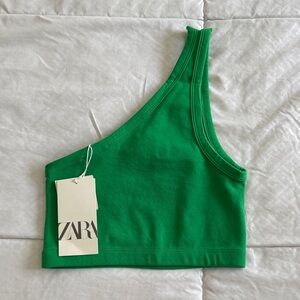 Zara Asymmetrical One-Shoulder Crop Top in Bright Green
